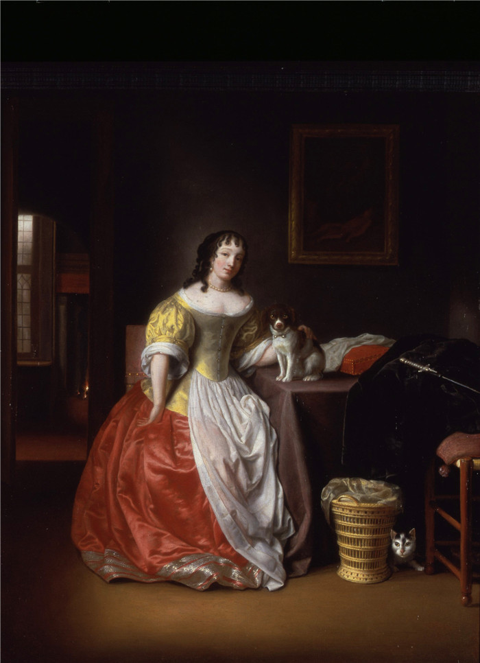 （Samuel van Hoogstraten）的画作-室内女人和狗