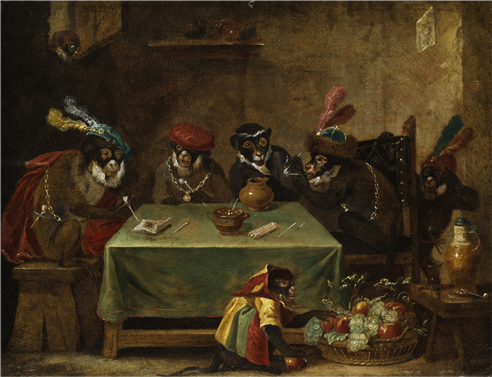 费迪《吸烟猴子》南德·范·凯塞尔（Ferdinand van Kessel）的画作-Tabakrauchende Affenrunde