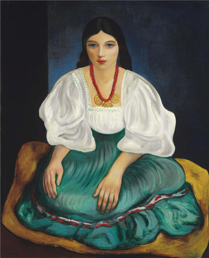 莫伊斯·基斯林（Moïse Kisling）的画作-绿色裙子女孩jeune fille a la jupe verte