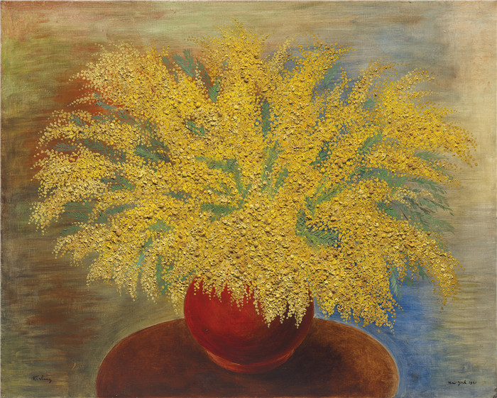 《红罐含羞草花束》莫伊斯·基斯林（Moïse Kisling）的画作-bouquet de mimosas au pot rouge