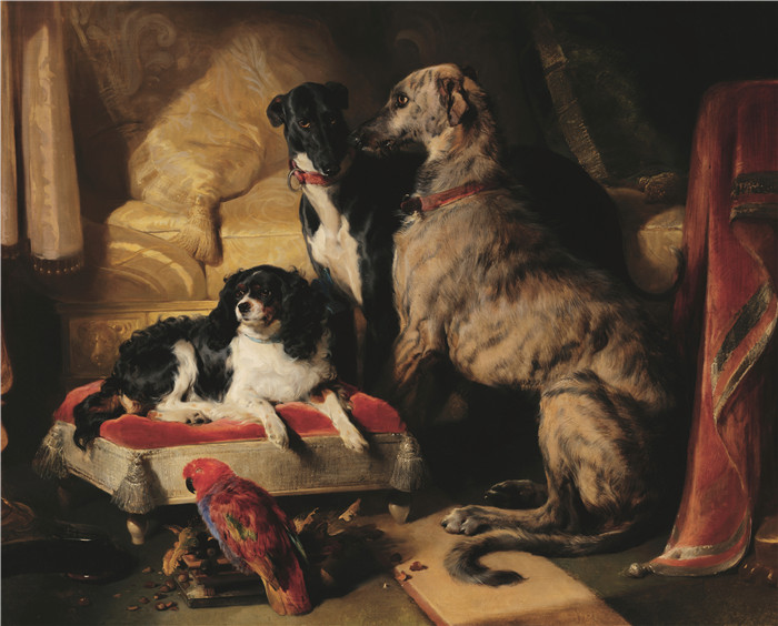 埃德温·兰西尔（Edwin Landseer）的画作-尼禄和达世与洛瑞Nero and Dash with Lory   1838