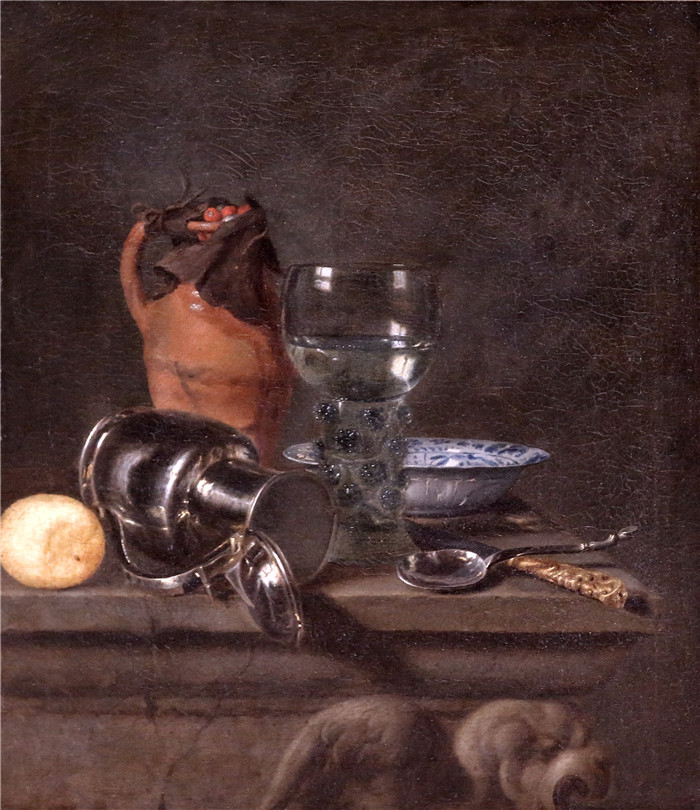 西蒙·卢蒂丘伊斯（Simon Luttichuys）的画作石器罐、鹿角和落锡罐静物画