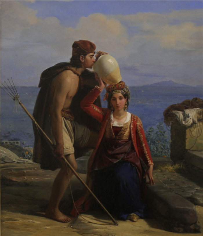 利奥波德·罗伯特（Léopold Robert）的画作-普罗奇达的年轻女孩给渔夫送水