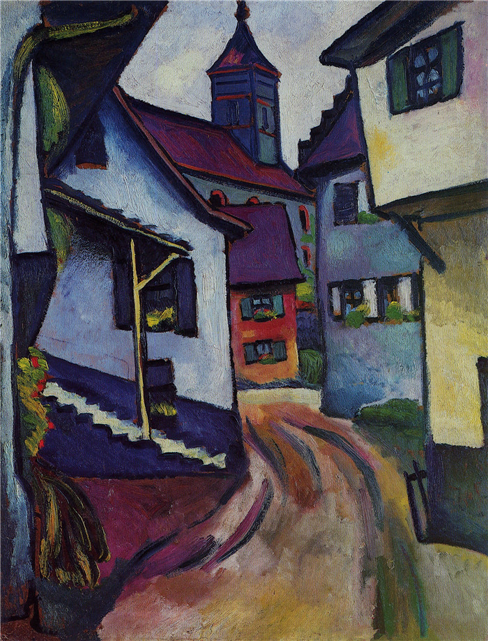 《街道与教堂》奥古斯特·麦克（August Macke）画作-Straße mit Kirche in Kandern