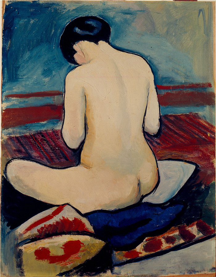 《坐着的裸体与枕头》奥古斯特·麦克（August Macke）画作-Sitting Nude with Pillow