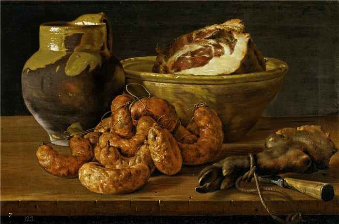 《火腿和炖菜》路易斯·埃吉迪奥·梅伦德斯(Luis Egidio Meléndez)的画作-Bodegón chorizos jamón y cacharros