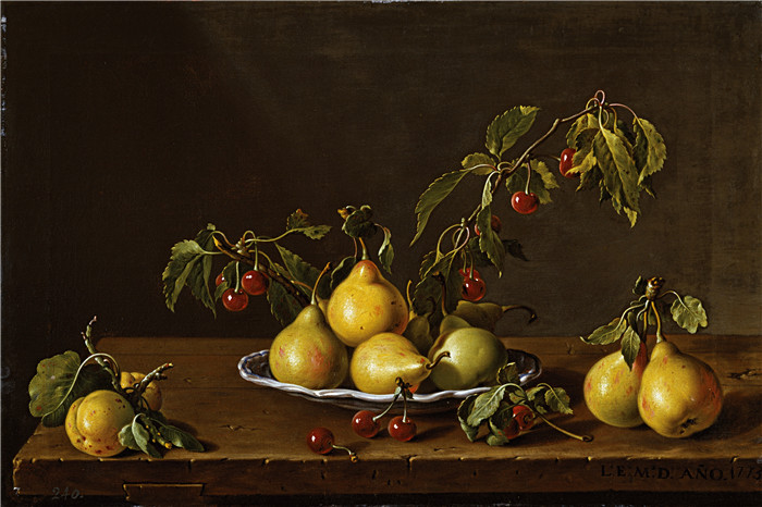 《带有梨和樱桃的水果店》路易斯·埃吉迪奥·梅伦德斯(Luis Egidio Meléndez)的画作-Frutero con peras y guindas