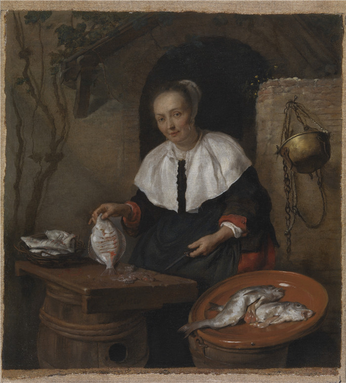 《女人清洗鱼》加布里埃尔·梅苏（Gabriël Metsu）画作-Woman Cleaning Fish