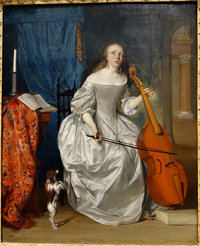 《扮演维奥拉·达·甘巴的女人》加布里埃尔·梅苏（Gabriël Metsu）画作-Woman Playing the Viola da Gamba, 1663