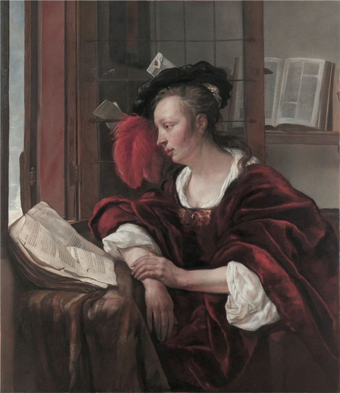 《女人在窗边看书》加布里埃尔·梅苏（Gabriël Metsu）画作-Woman reading a book by a window, By Gabriël Metsu