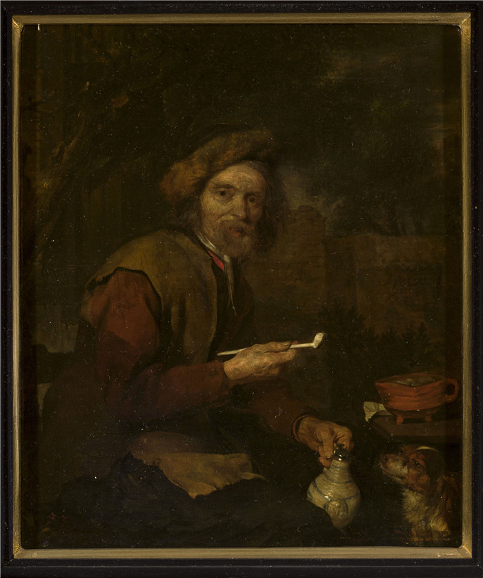 《手里拿着烟斗和水罐的吸烟者》加布里埃尔·梅苏（Gabriël Metsu）画作-Smoker with a pipe and a pitcher in his hands 