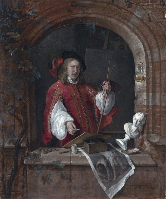 《站在窗前的自画像》加布里埃尔·梅苏（Gabriël Metsu）画作-Self-Portrait standing at a Window