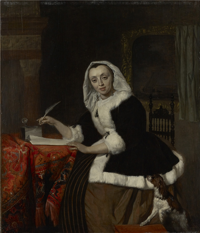 《优雅的女士在书桌前写字》加布里埃尔·梅苏（Gabriël Metsu）画作-Elegant Lady Writing at Her Desk