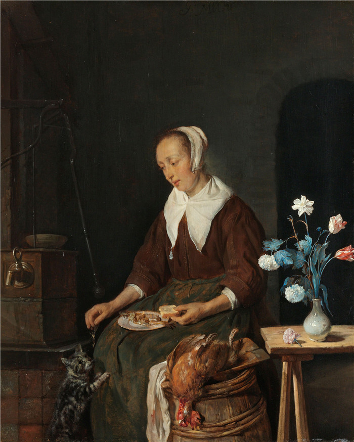 《一个伟大的人》加布里埃尔·梅苏（Gabriël Metsu）画作-Vrouw aan de maaltijd, bekend als 'Het ontbijt van de kat'