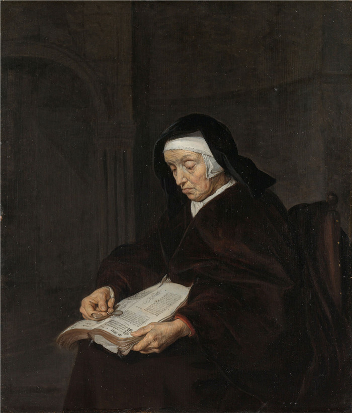 《老妇人在思考》加布里埃尔·梅苏（Gabriël Metsu）画作-Oude vrouw in overpeinzing