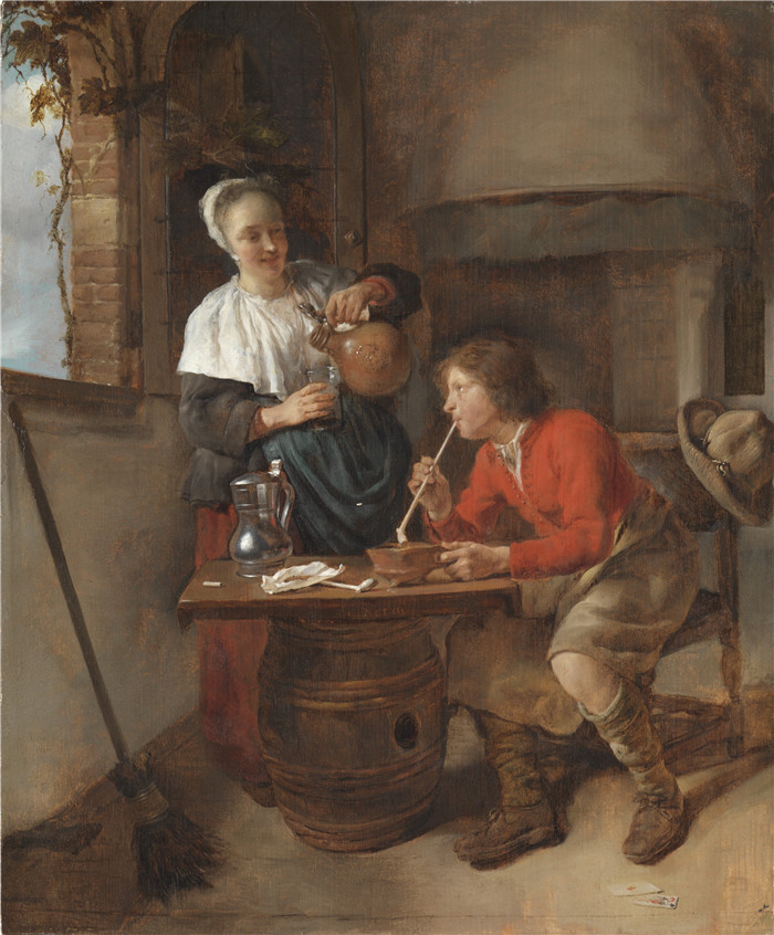 《年轻女子倒啤酒，年轻男子吸烟》加布里埃尔·梅苏（Gabriël Metsu）画作-Young Woman Pouring Beer and a Young Man Smoking