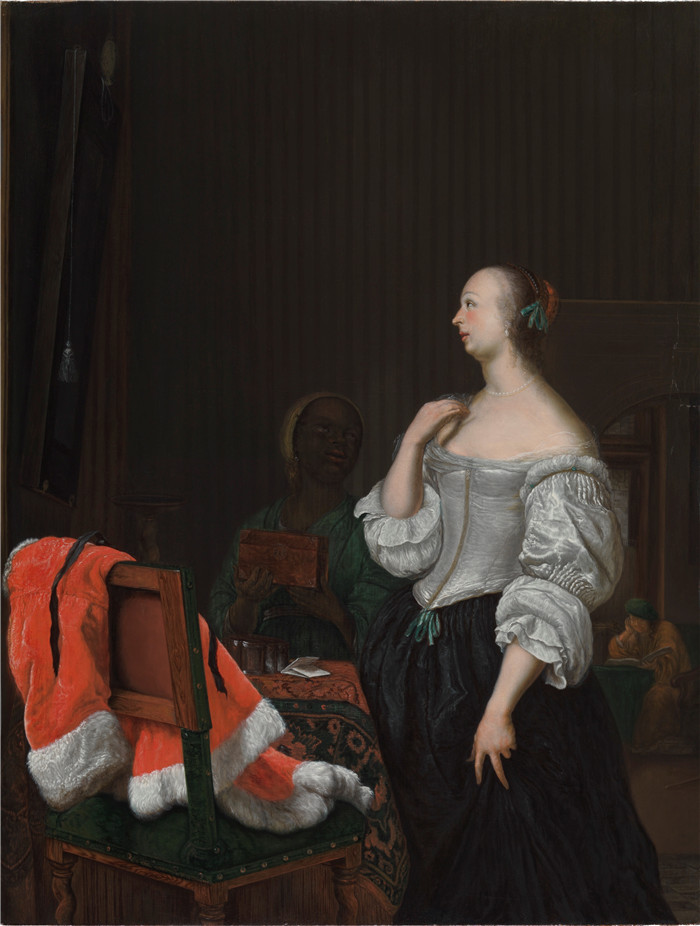 《女人站在镜子前》老弗兰斯·范·米埃里斯(Frans van Mieris)画作-Woman Standing before a Mirror