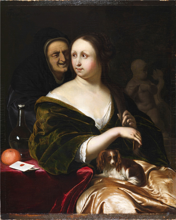 老弗兰斯·范·米埃里斯(Frans van Mieris)画作-带着一只哈巴狗的女人Woman with A Lapdog