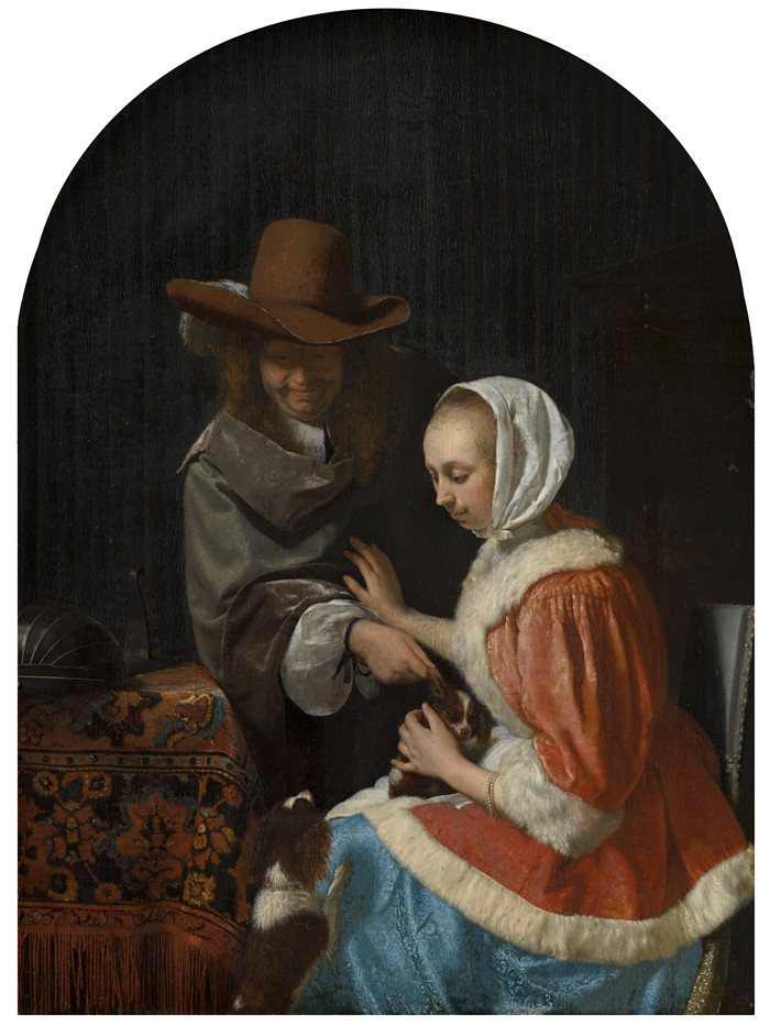 《男人和女人带着两只狗》老弗兰斯·范·米埃里斯(Frans van Mieris)画作- Man and Woman with Two Dogs