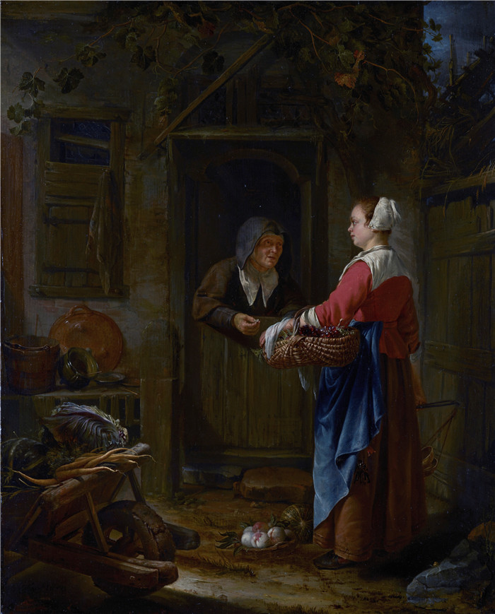 《一个女孩卖葡萄给一个老妇人》老弗兰斯·范·米埃里斯(Frans van Mieris)画作-A Girl selling Grapes to an old Woman,