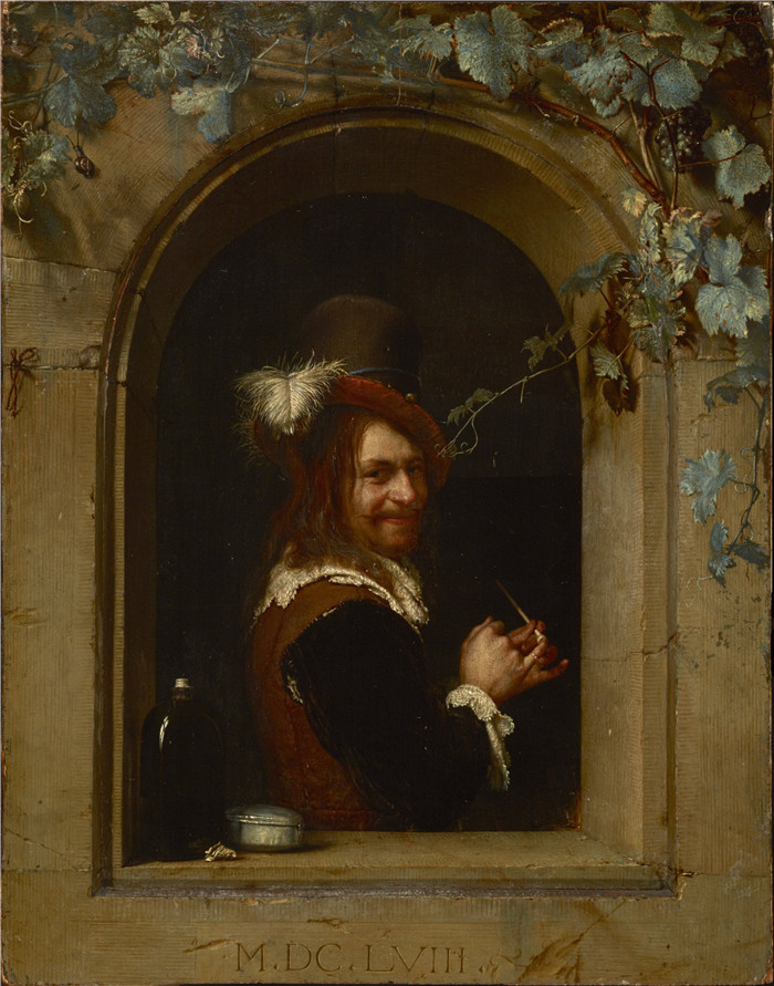 《窗边拿着烟斗的人》老弗兰斯·范·米埃里斯(Frans van Mieris)画作-Man with Pipe at the Window (1658)
