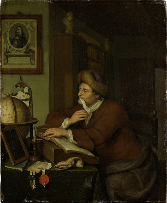 《一位学者在他的办公桌前》老弗兰斯·范·米埃里斯(Frans van Mieris)画作-A Scholar at his Desk