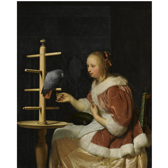 老弗兰斯·范·米埃里斯(Frans van Mieris)画作-一位穿着红色夹克的年轻女子正在喂鹦鹉