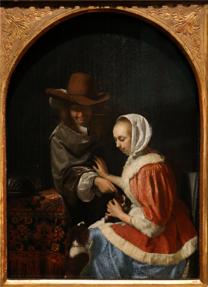 《奥莫与唐娜》老弗兰斯·范·米埃里斯(Frans van Mieris)画作-uomo e donna con due cani, 1660, 02