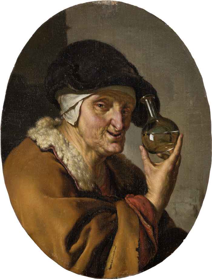 《一个带尿玻璃的老妇人》威廉·范·米埃里斯(Willem van Mieris)的画作-An Old Woman with Urine Glass The Quack (SM 653)