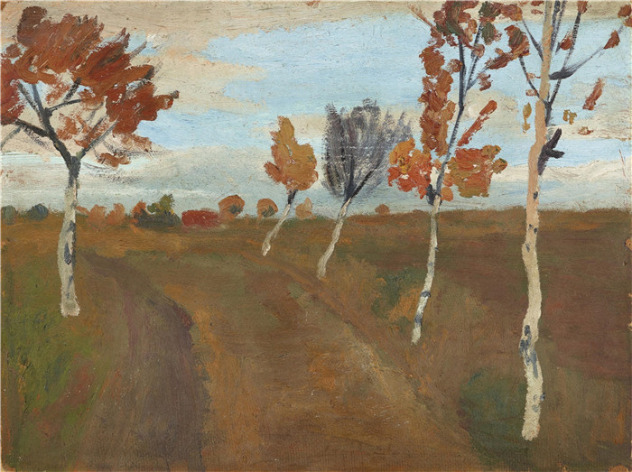 《秋季风景》保拉·莫德松-贝克尔（Paula Modersohn-Becker）油画- Landschaft mit Birkenweg im Herbst c1900