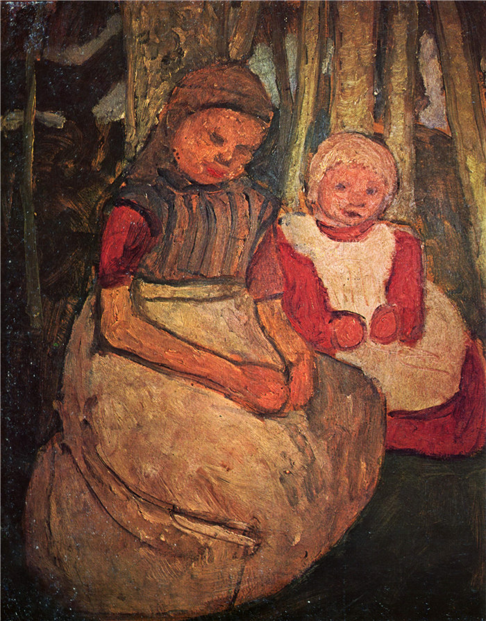保拉·莫德松-贝克尔（Paula Modersohn-Becker）油画-白桦林里坐着的两个女孩