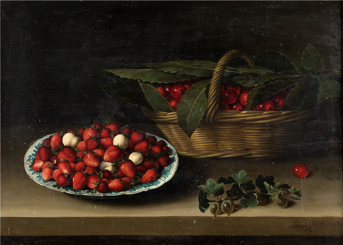 露易丝·莫永（Louise Moillon）的画作-草莓，樱桃篮Nature morte à la coupe de fraises, panier de cerises