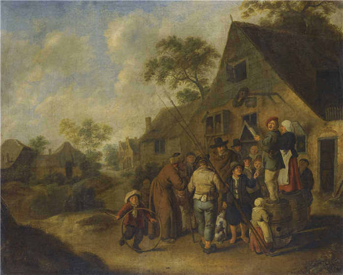《旅馆外的垃圾桶》扬·米恩斯·莫莱纳尔(Jan Miense Molenaer)油画-Figures Proclaiming the News on Barrels Outside an Inn