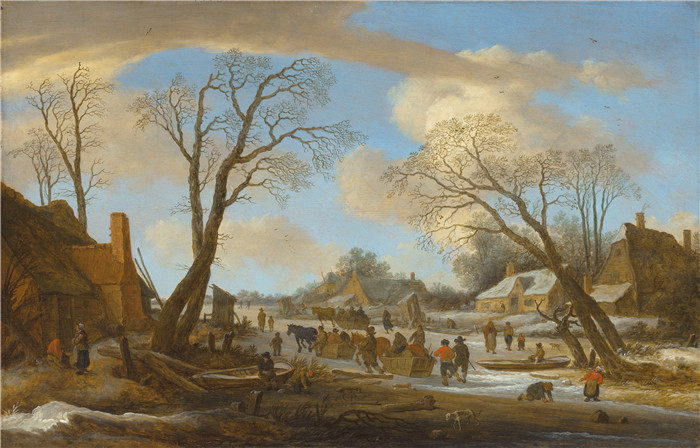 《一个冬季村庄景观》彼得·德·莫林(Pieter de Molijn)的画作-a winter village landscape with peasants on a frozen