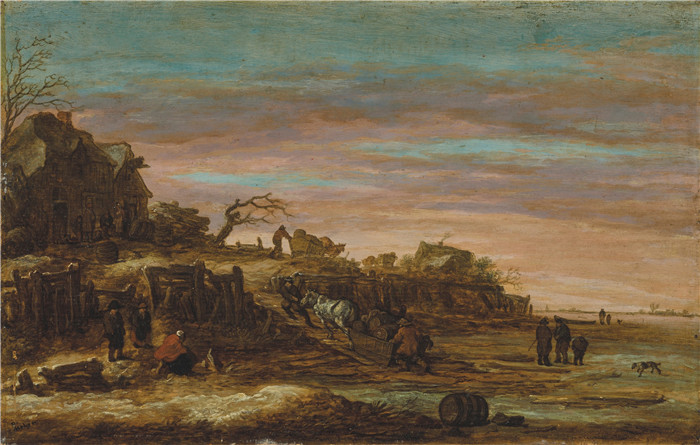 《一个沙丘景观》彼得·德·莫林(Pieter de Molijn)的画作-a dune landscape at sunset with figures