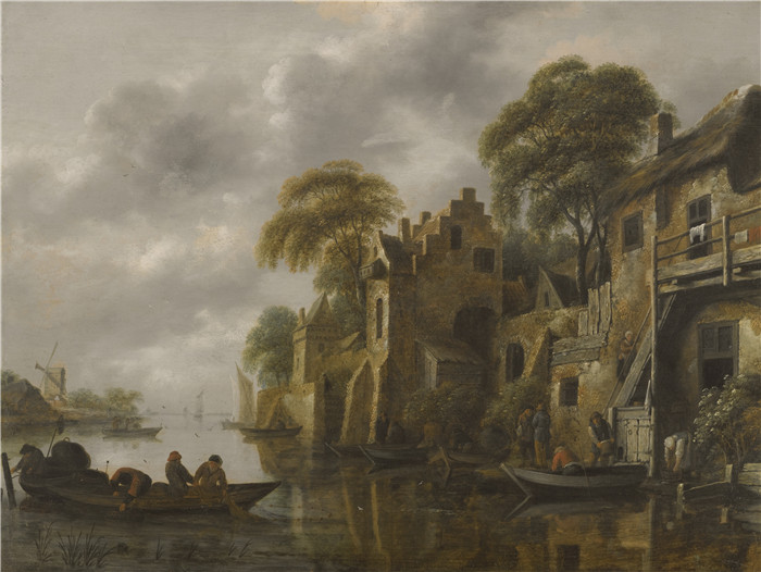 《河景,渔民在城镇附近装网》尼古拉斯·莫莱纳尔 (Nicolaes Molenaer) 的画作-A River Landscape with Fishermen loading their nets