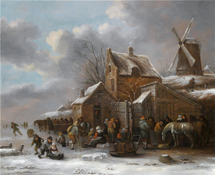 《冬季风景与村民在酒馆前》尼古拉斯·莫莱纳尔 （Nicolaes Molenaer） 的画作-A winter landscape with villagers before a tavern
