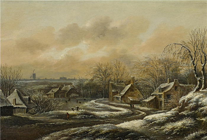 《冰冻的河流与冬季村庄》尼古拉斯·莫莱纳尔 （Nicolaes Molenaer） 的画作-Winterliches Dorf mit angefrorenem Fluss