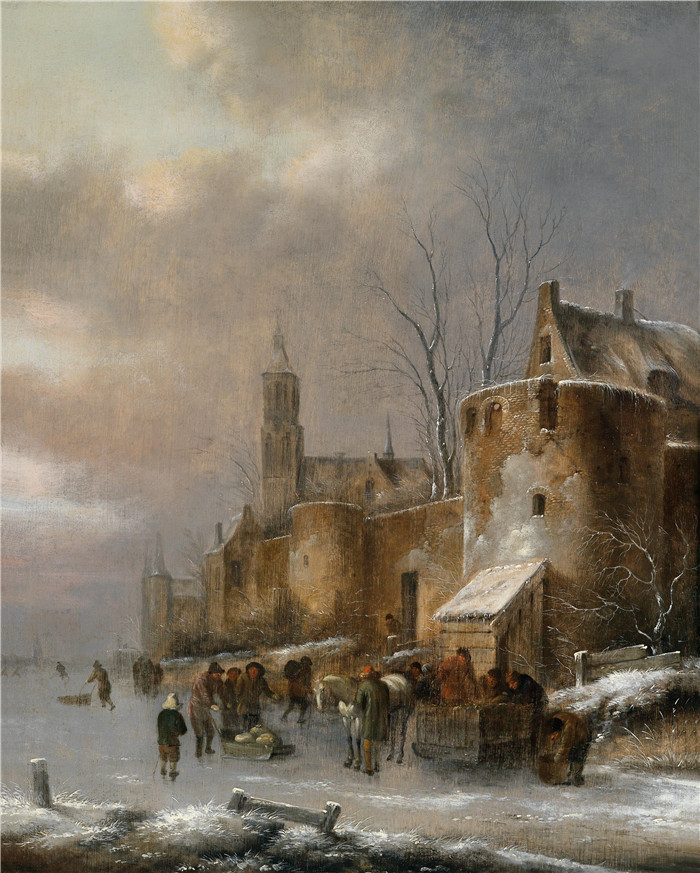 《城墙前的冰雪》尼古拉斯·莫莱纳尔 （Nicolaes Molenaer） 的画作-Eisvergnügen vor den Mauern einer Stadt