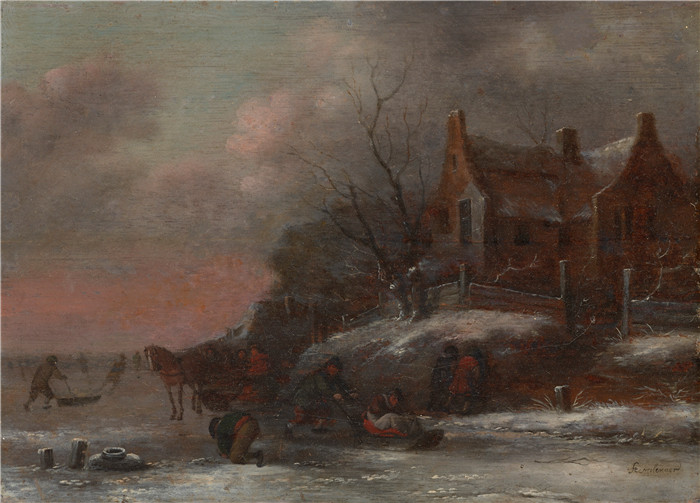 《一个冬季景观》尼古拉斯·莫莱纳尔 (Nicolaes Molenaer) 的画作-a winter landscape with figures sledding on a frozen