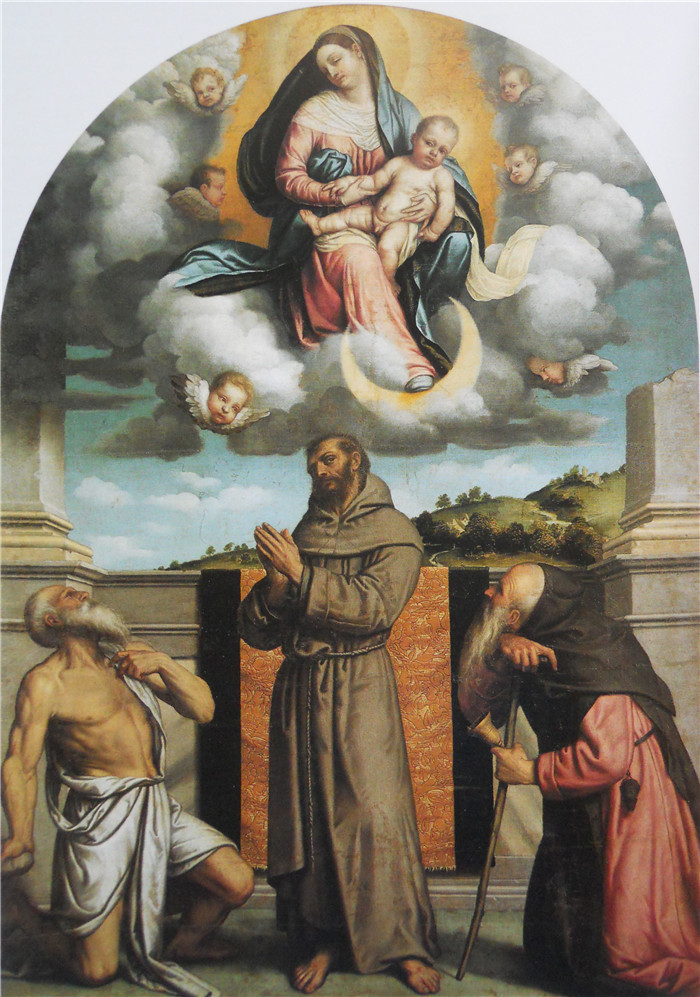 《圣母与孩子》莫雷托·达·布雷西亚（Moretto da Brescia）画作-Madonna col Bambino in gloria con i santi Girolamo