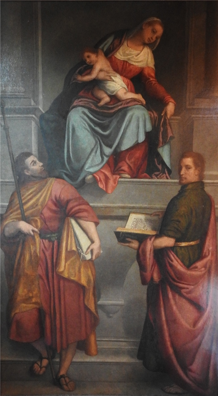 《麦当娜》乔瓦尼·巴蒂斯塔·莫罗尼（Giovanni Battista Moroni）的画作-Madonna in trono con Santi Giacomo e Giuseppe 1