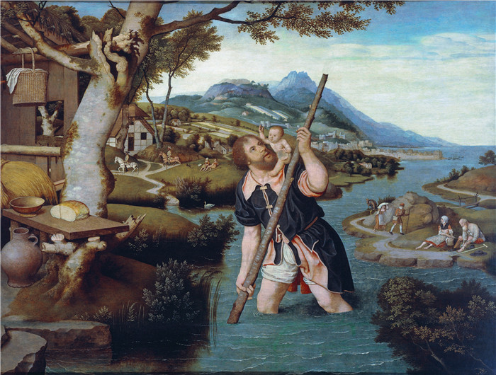 《丘陵河景与克里斯托菲尔》扬·莫斯塔特（Jan Mostaert）高清作品-Heuvelachtig rivierlandschap met Christoffel