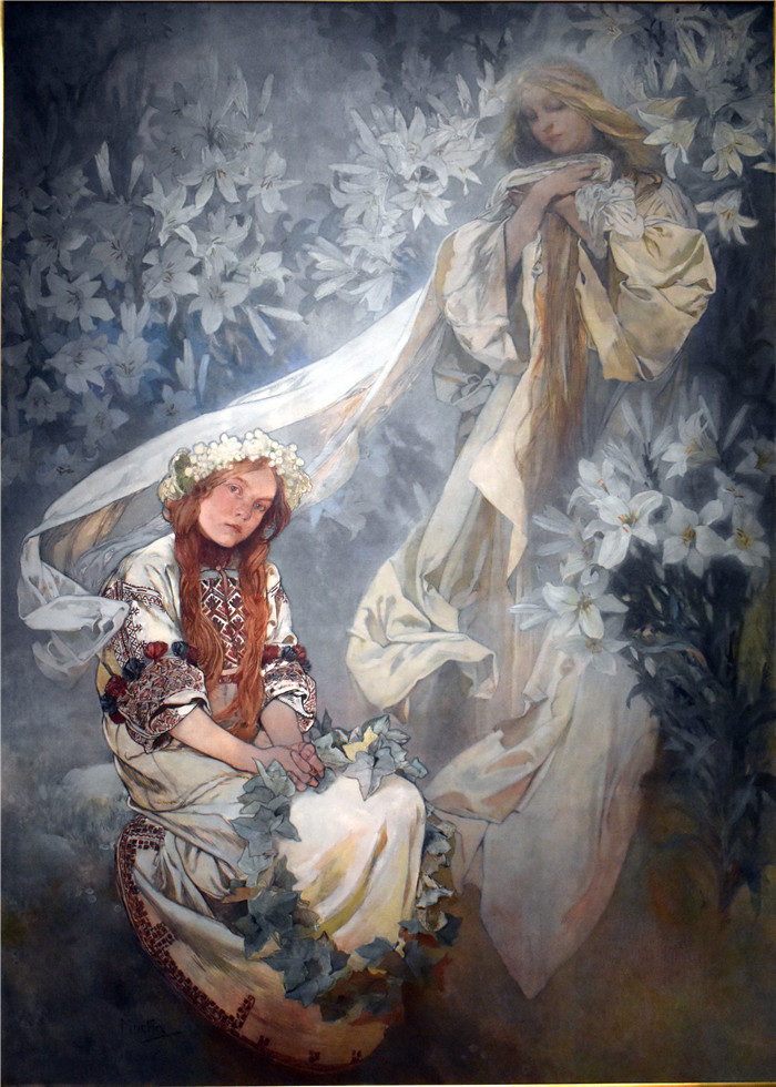 《处女与百合》阿尔丰斯·穆夏（Alphonse Mucha）画作-Vierge aux lys 01