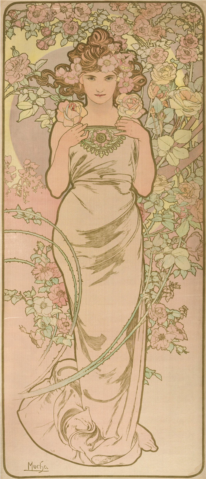 《花中的动画女人》阿尔丰斯·穆夏（Alphonse Mucha）画作-La Femme Animee en Fleur