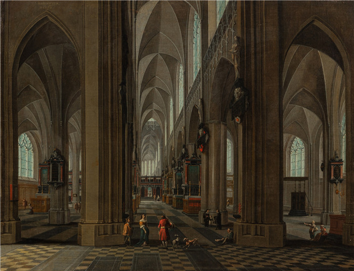 《热闹的教堂内部》彼得·尼夫斯(Pieter Neefs)的画作-Lively Church Interior