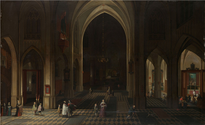 《蜡烛灯下的教堂内饰》彼得·尼夫斯(Pieter Neefs)的画作-Een kerkinterieur bij kaarslicht