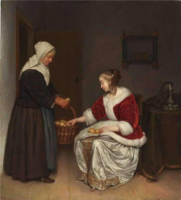 《室内两个女人拿着一篮柠檬》卡斯珀·内舍尔(Caspar Netscher)高清作品