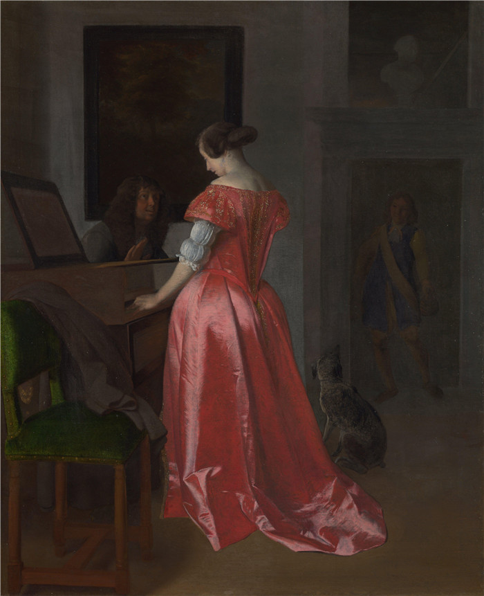 《一个女人站在羽管键琴前》雅各布·奥克特维尔特（Jacob Ochtervelt）画作-A Woman standing at a Harpsichord,