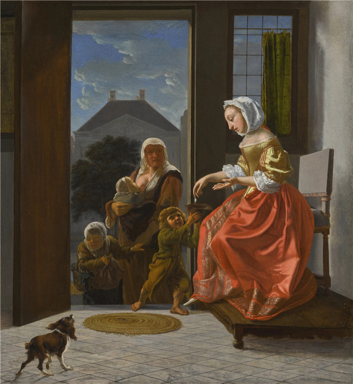 《一位年轻女士在门口给乞丐施舍》雅各布·奥克特维尔特（Jacob Ochtervelt）画作-An interior with a young lady giving alms to beggars 